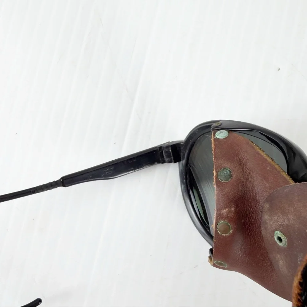Vintage French Black Nylon Mirrored Sunglasses with Leather Blinders AS IS